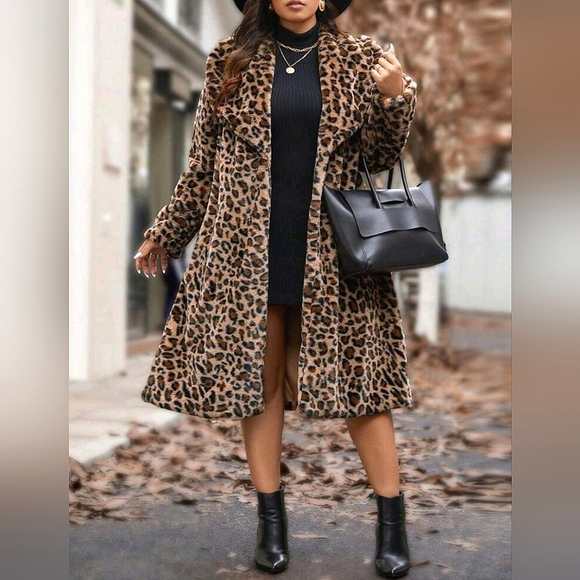 New Luxe Leopard Print Faux Fur Fluffy Coat Jacket PLUS Brown Black Tan - Picture 7 of 9